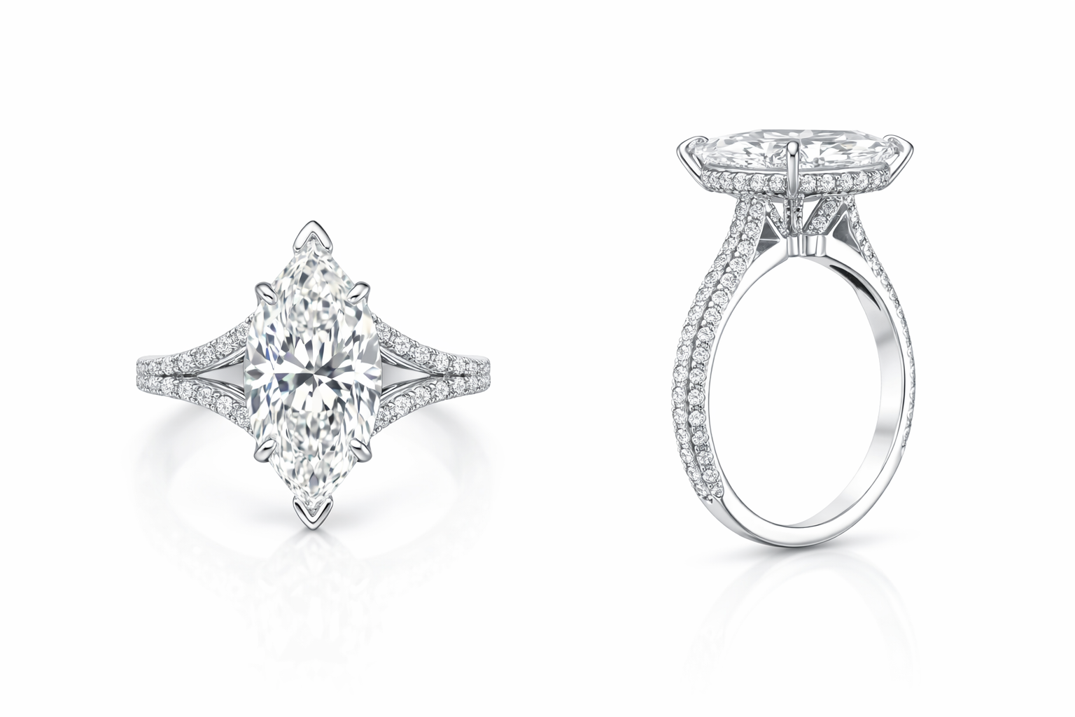 Marquise diamond ring with pavé band