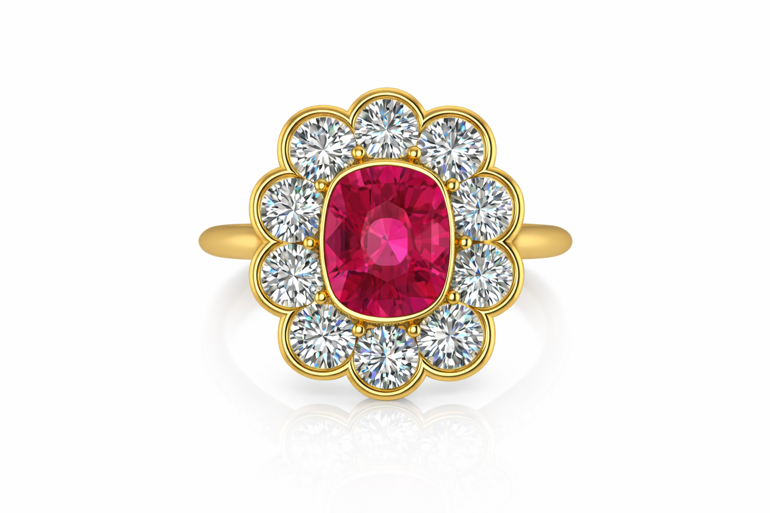 Ruby halo ring with diamond accents